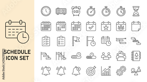 Schedule and Time Management Line Icon Set with Calendar Clock Reminder Planning Meeting and Productivity Symbols