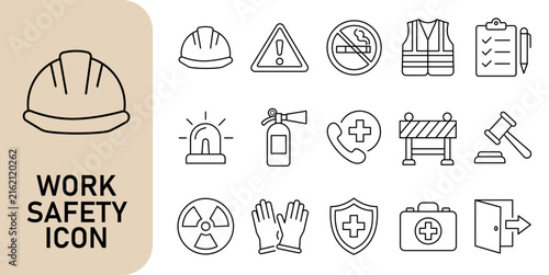 Work Safety Line Icon Set with Helmet Warning Vest Fire Extinguisher First Aid PPE and Workplace Protection Symbols