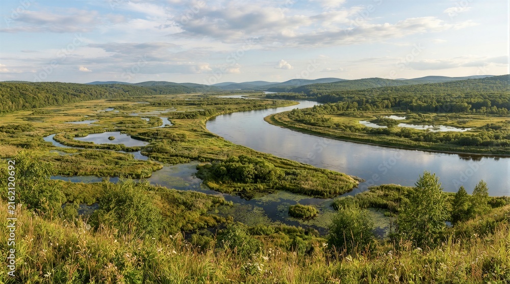 Fototapeta premium Meandering river winding through green wetland valley panorama