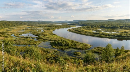 Meandering river winding through green wetland valley panorama