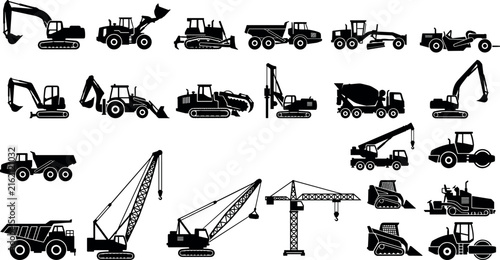 Foto Large heavy equipment and construction machinery silhouette pack for logistics