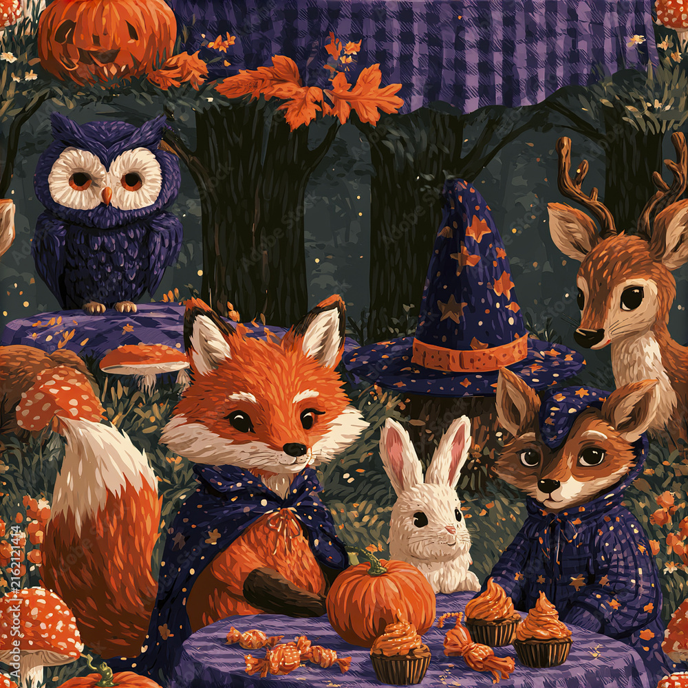 Naklejka premium Halloween forest animals fox rabbit deer owl with pumpkin and candy in magical night scene