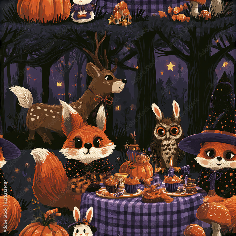 Naklejka premium Halloween forest picnic with costumed foxes, owl, deer, pumpkins, and treats creating magical and cozy atmosphere
