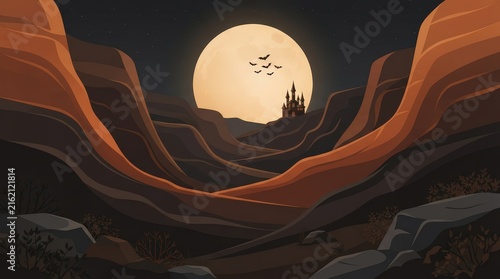 A stunning digital illustration of a glowing full moon rising over a dark desert canyon landscape at night time