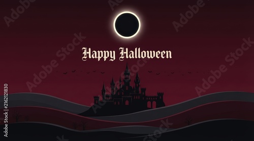 A spooky dark halloween background featuring a silhouette of a haunted castle under a total solar eclipse with text overlay