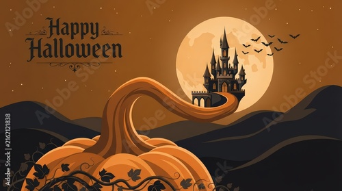 A spooky halloween background featuring a large orange pumpkin with a twisted stem leading toward a dark haunted castle silhouette