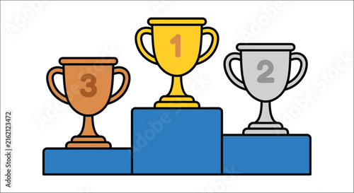 Three trophies on blue pedestals showcase first second and third place in a vector illustration