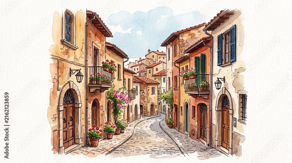 Fototapeta premium Watercolor illustration of charming European village street with rustic houses and cobblestone path