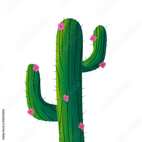 Watercolor Green Cactus with Pink Flowers