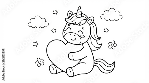Cute unicorn coloring page, adorable cartoon unicorn holding a heart, magical fantasy animal outline for kids activity