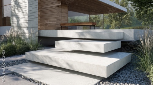 Luxury Tiny House Modern concrete cantilever staircase leading to a contemporary home entrance with minimalist landscaping.