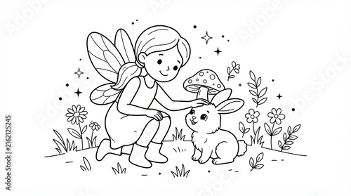 Whimsical fairy coloring page, cute girl with wings and bunny rabbit, magical forest line art for kids, fantasy garden illustration