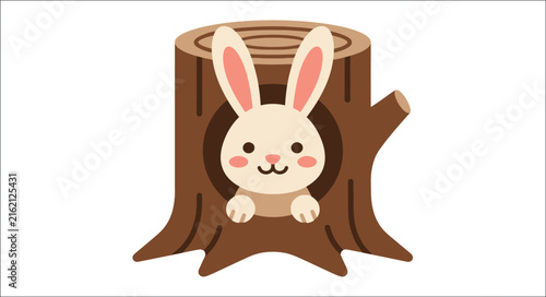 A white rabbit peeks from within a brown tree stump a flat vector illustration bunny
