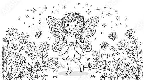 Whimsical fairy coloring page, cute garden sprite line art, magical forest girl illustration for kids activity book