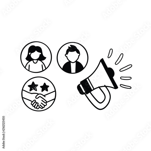 Hand drawn doodle icons for user retention featuring people handshake and megaphone symbols