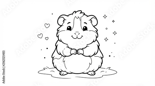 Cute guinea pig coloring page, adorable cartoon rodent line art, black and white pet illustration for kids activity