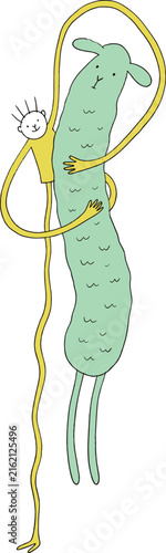 Person with Long Limbs Hugging a Long Green Creature