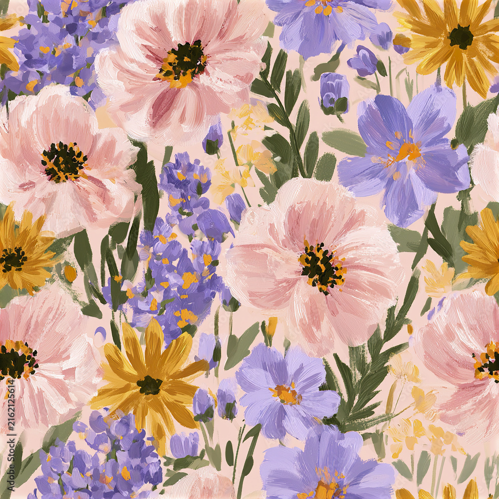 Obraz premium Joyful floral pattern with soft pink, purple, and yellow flowers creating romantic and vibrant garden feel