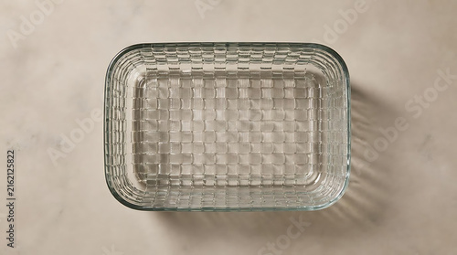 Top down view of an empty rectangular glass baking dish with a textured woven pattern bottom on a light marble surface perfect for cooking recipes and food presentation concepts.