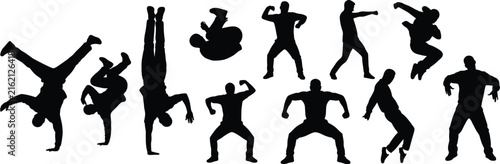 Photography Set of black silhouettes of dancers and b-boys performing breakdance and hip hop moves