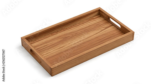 Empty rectangular wooden serving tray with handles made of light brown oak or pine wood isolated on a white background for food presentation home decor and hospitality service.