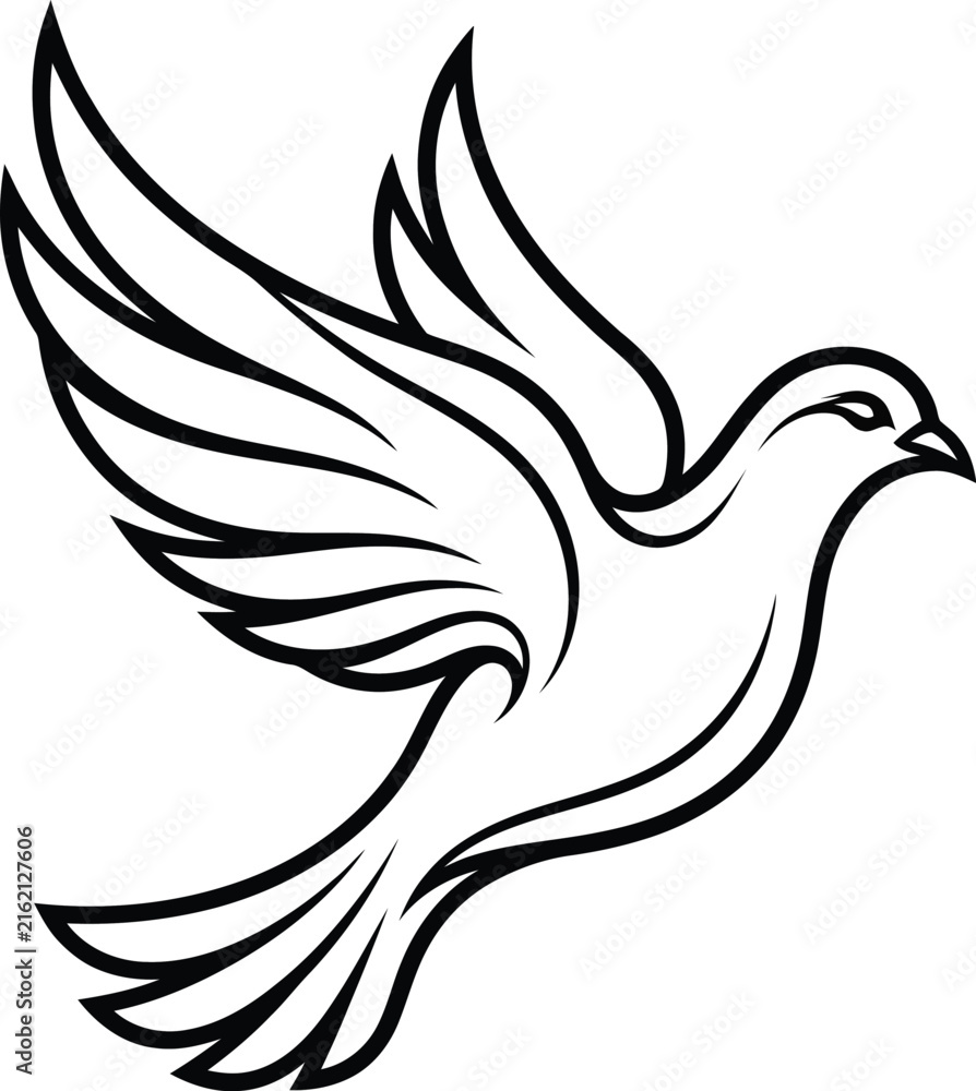 Fototapeta premium Dove flying with wings spread, simple line art illustration
