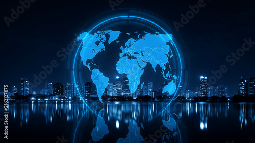 Futuristic glowing globe over illuminated city skyline at night with water reflection