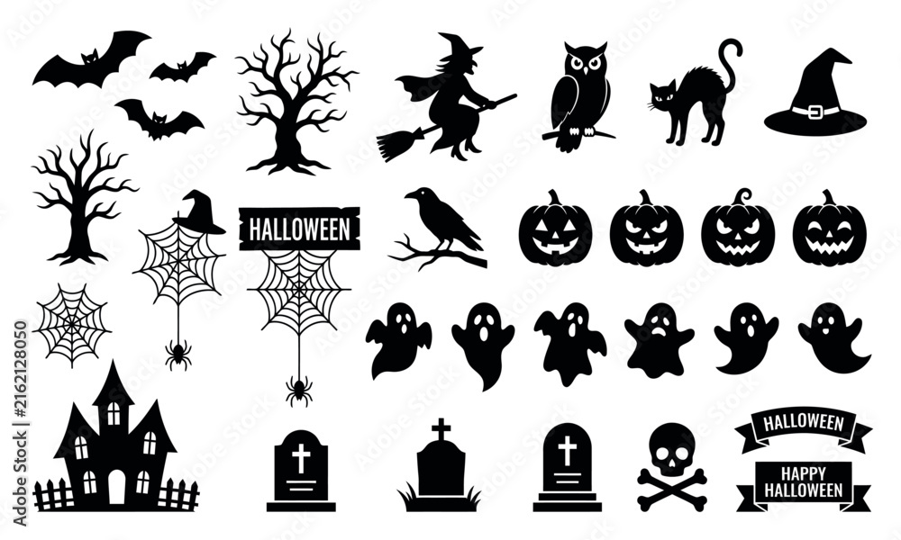 Fototapeta premium A collection of black halloween silhouettes depicts bats witches pumpkins ghosts and spooky graveyard elements witch owl cat pumpkin tombstone