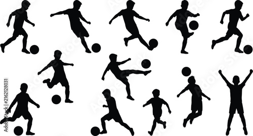 Soccer Player Silhouette Collection with Football Action Poses Isolated on White Background