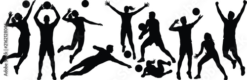 Set of volleyball player silhouettes showing various dynamic action movements, spiking, and passing poses
