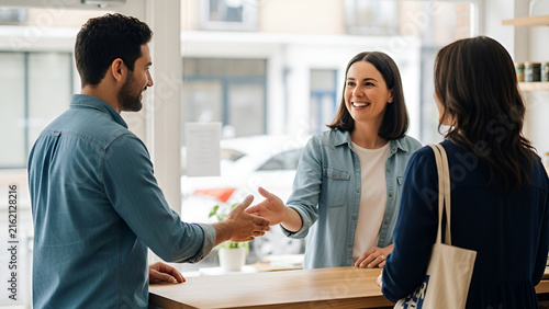 Professional Welcoming Handshake at Retail Store Counter