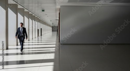 Professional man walking through modern corporate hallway with sleek glass and metal design