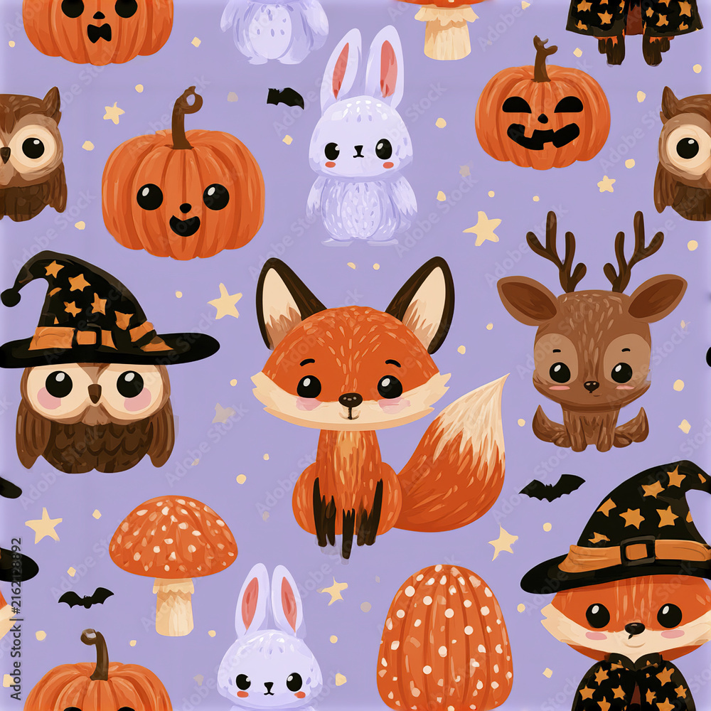 Naklejka premium Kawaii fox rabbit pumpkin owl deer mushroom bat stars pattern Halloween cute