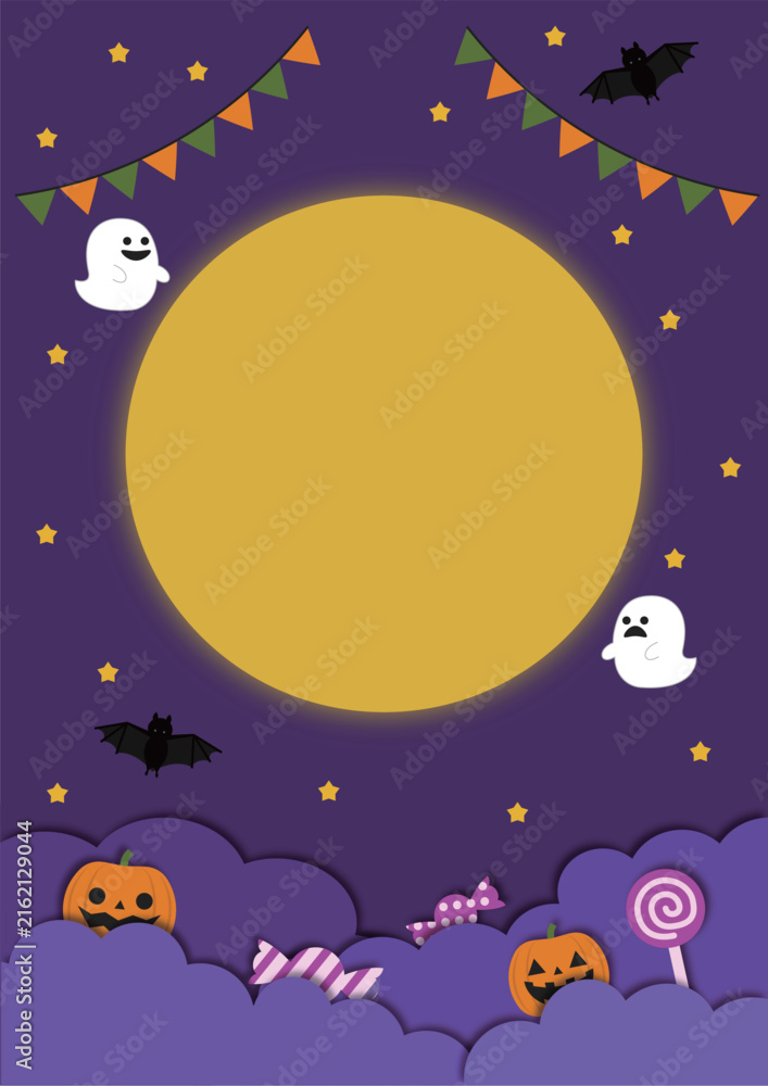 Naklejka premium 満月やオバケが漂う幻想的でかわいいハロウィンの夜空背景フレーム