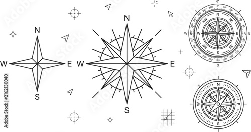 Konstfotografi Vintage Compass Rose and Nautical Navigation Line Icon Set Featuring Wind Rose M