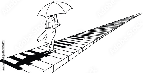 Принти на полотні Man wearing trench coat holding umbrella walking on long creative piano keys mus