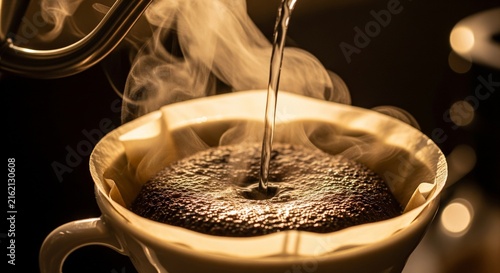Steaming hot coffee being poured into a white ceramic mug with dramatic lighting