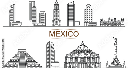 Mexico travel skyline icons set with mayan pyramid chichen itza skyscrapers palace of fine arts and angel monument