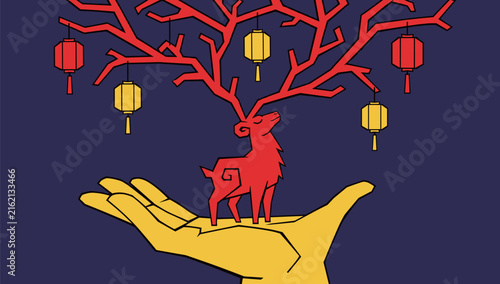 Red Deer with Antlers as Lantern Tree on a Hand
