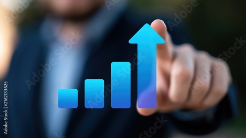 Professional businessman touching a glowing digital chart with rising growth arrow symbol for financial and market success concepts