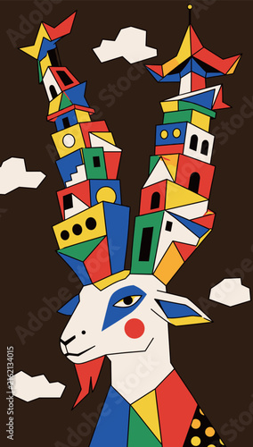 Surreal Goat with Architectural Horns
