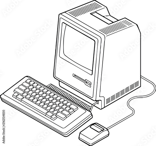 Bild auf Leinwand Isometric Retro Vintage Personal Computer Outline Vector Illustration with CRT M