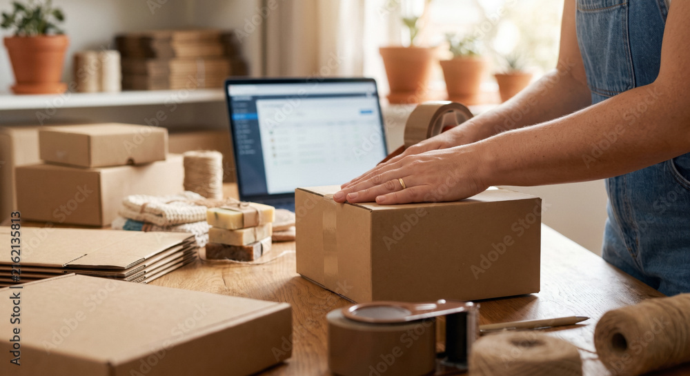 Fototapeta premium Person packing cardboard boxes with tape at a wooden desk in a home office