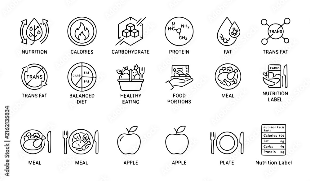 Fototapeta premium Modern food and nutrition outline icon set for calories diet and healthy eating