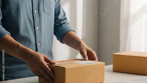 Man Packing Cardboard Parcel For Delivery Service
