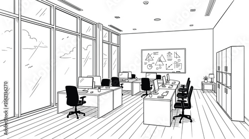 Modern corporate office interior workspace sketch with glass window wall computers whiteboard and file cabinets outline illustration