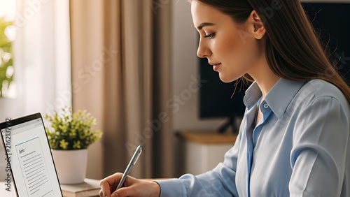 Professional woman taking notes while using laptop