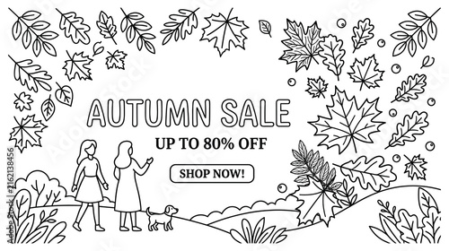 Autumn sale promotional banner with black line art leaves people and dog in park setting.