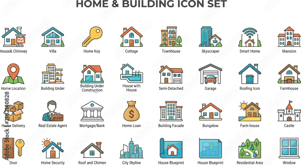 Naklejka premium Real Estate and Property Line Icon Set with Modern House Types Commercial Buildings Mortgages Home Loans and Neighborhood Infrastructure Vector Elements