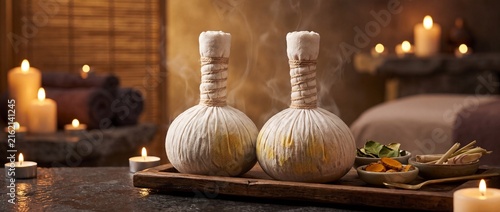 Warm steam rising from herbal Thai massage balls in spa setting with candles, promoting relaxation and wellness